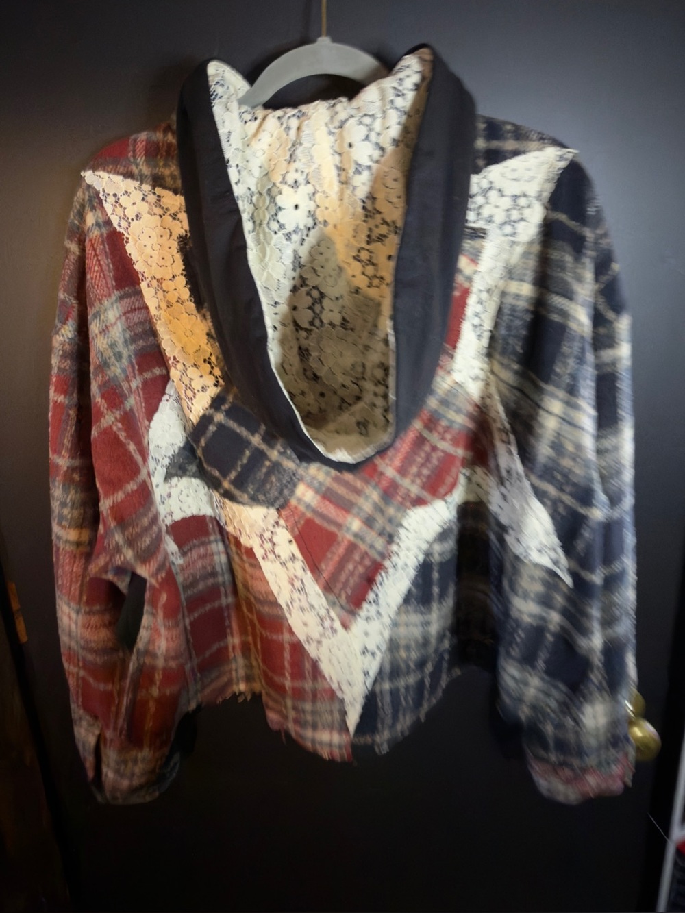 Oli & Hali Plaid Button-Front Shacket in Navy, Red & Cream Star Lace Detail - Picture 10 of 11